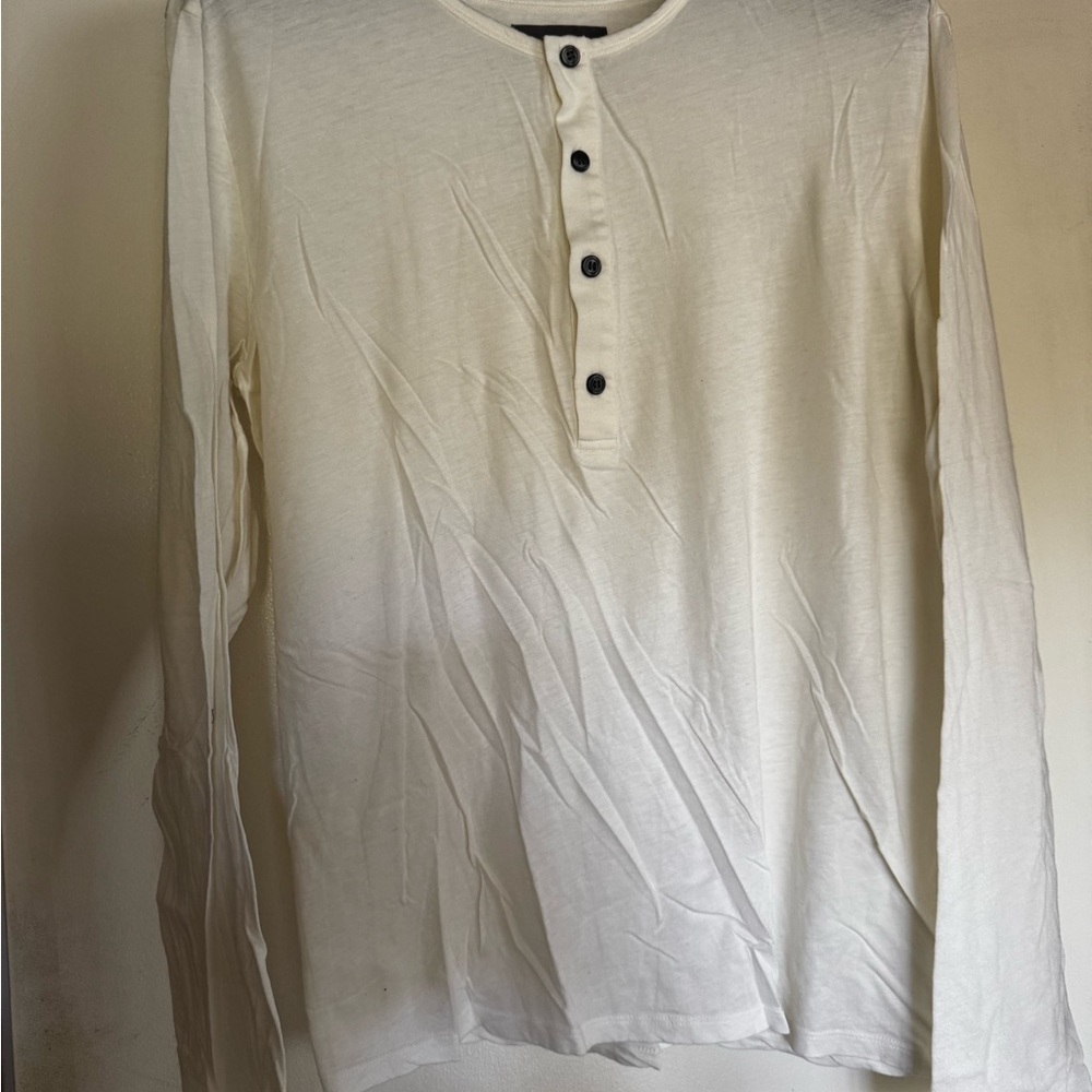Vince White Long Sleeve Henley with Black Buttons